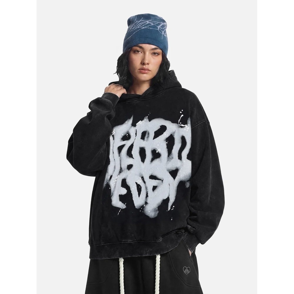 Aelfric Eden Abstract Print Washed Hoodie Black Streetwear Oversized Skater XS